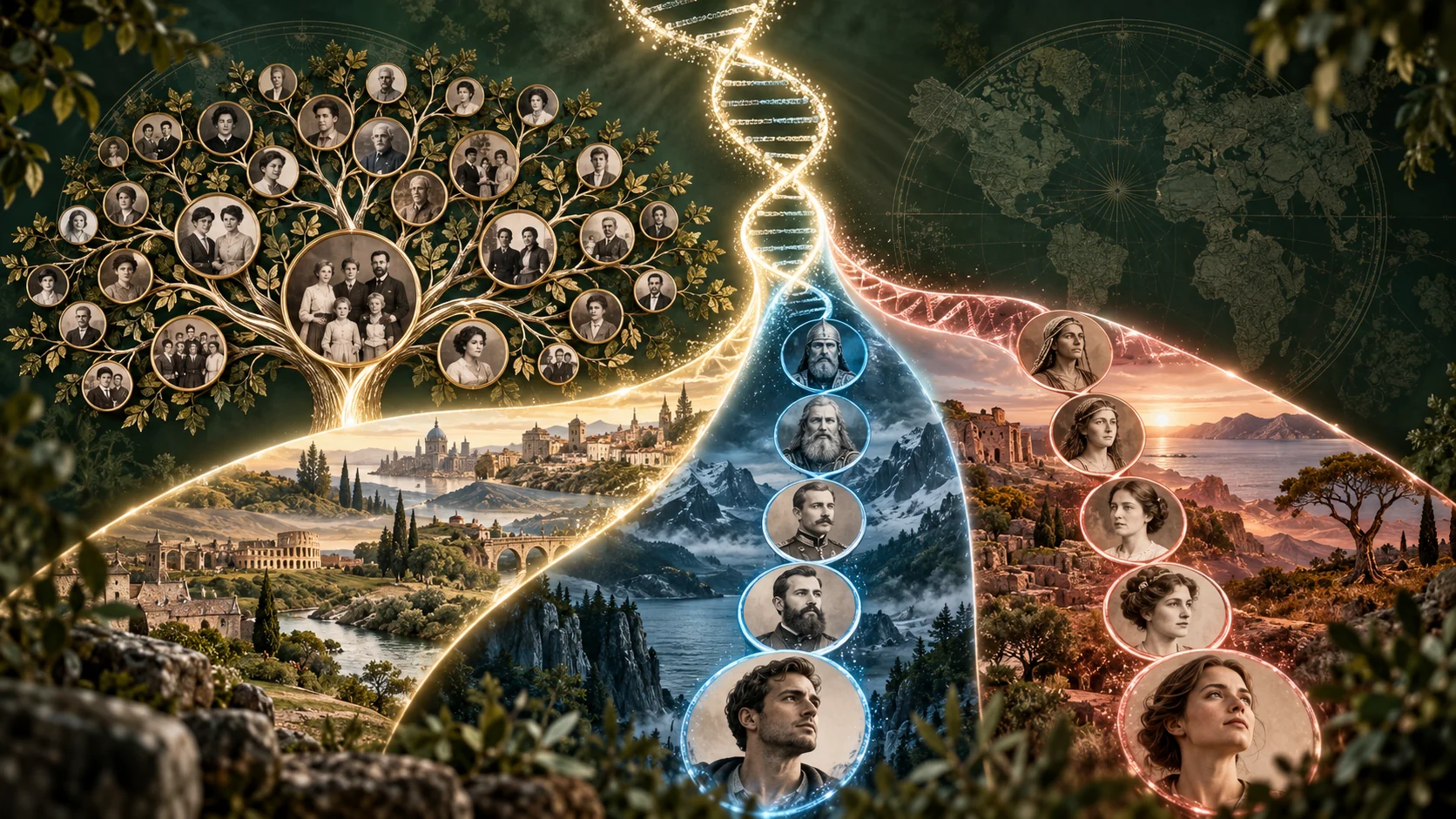 Family tree and three inheritance paths for autosomal DNA, Y-DNA and mitochondrial DNA