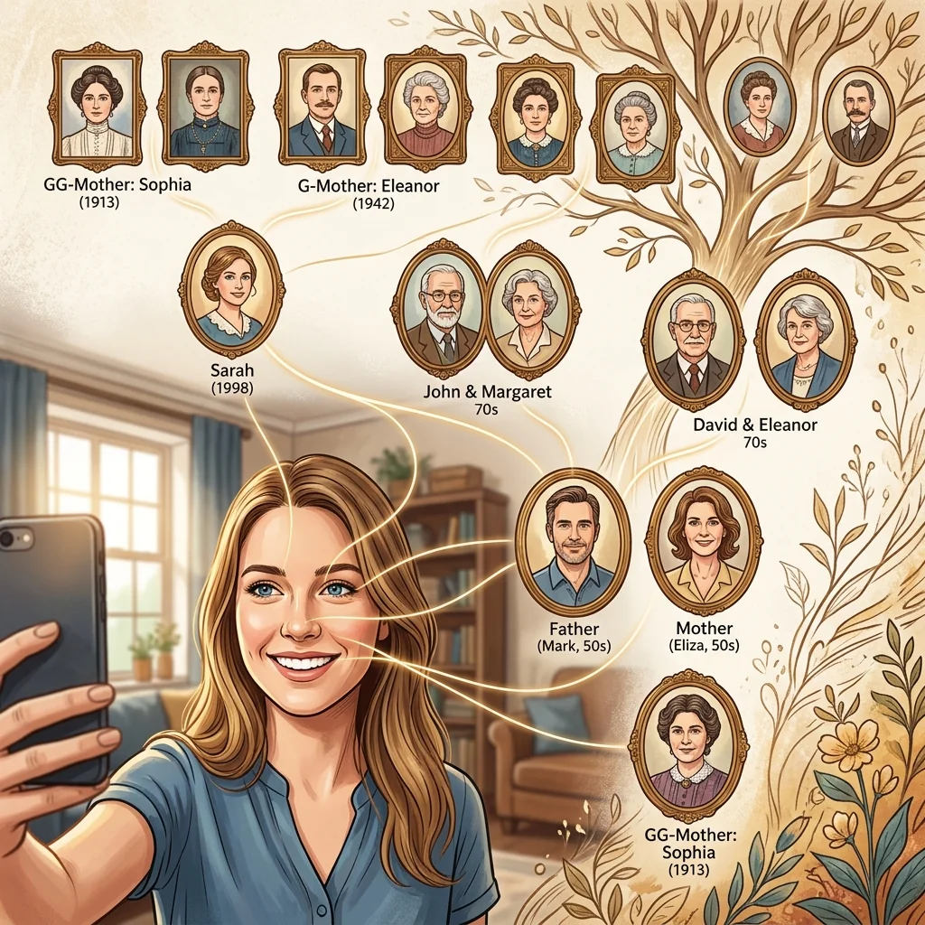 Person comparing their face with their mother and father to explore family resemblance