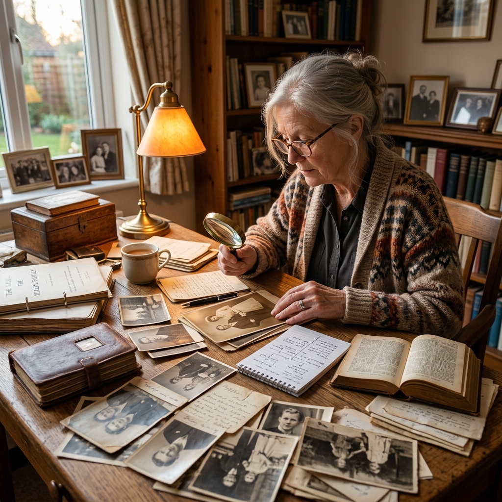 Person researching family history with old photographs and documents