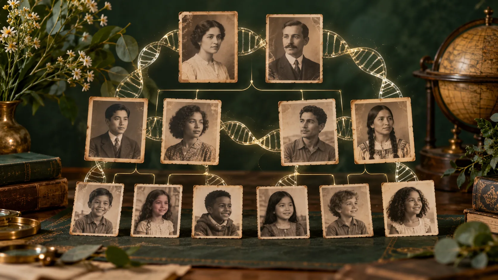 Family generations connected by inherited DNA from parents, grandparents and earlier ancestors