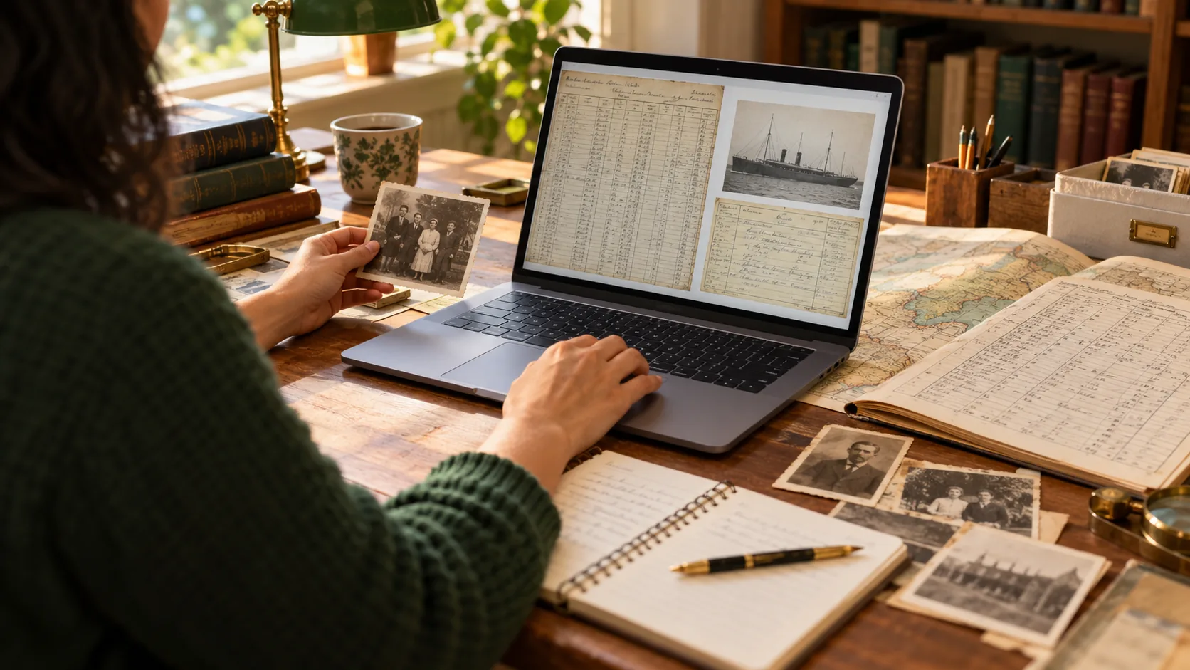 Genealogy researcher using free online records, archives and family photographs