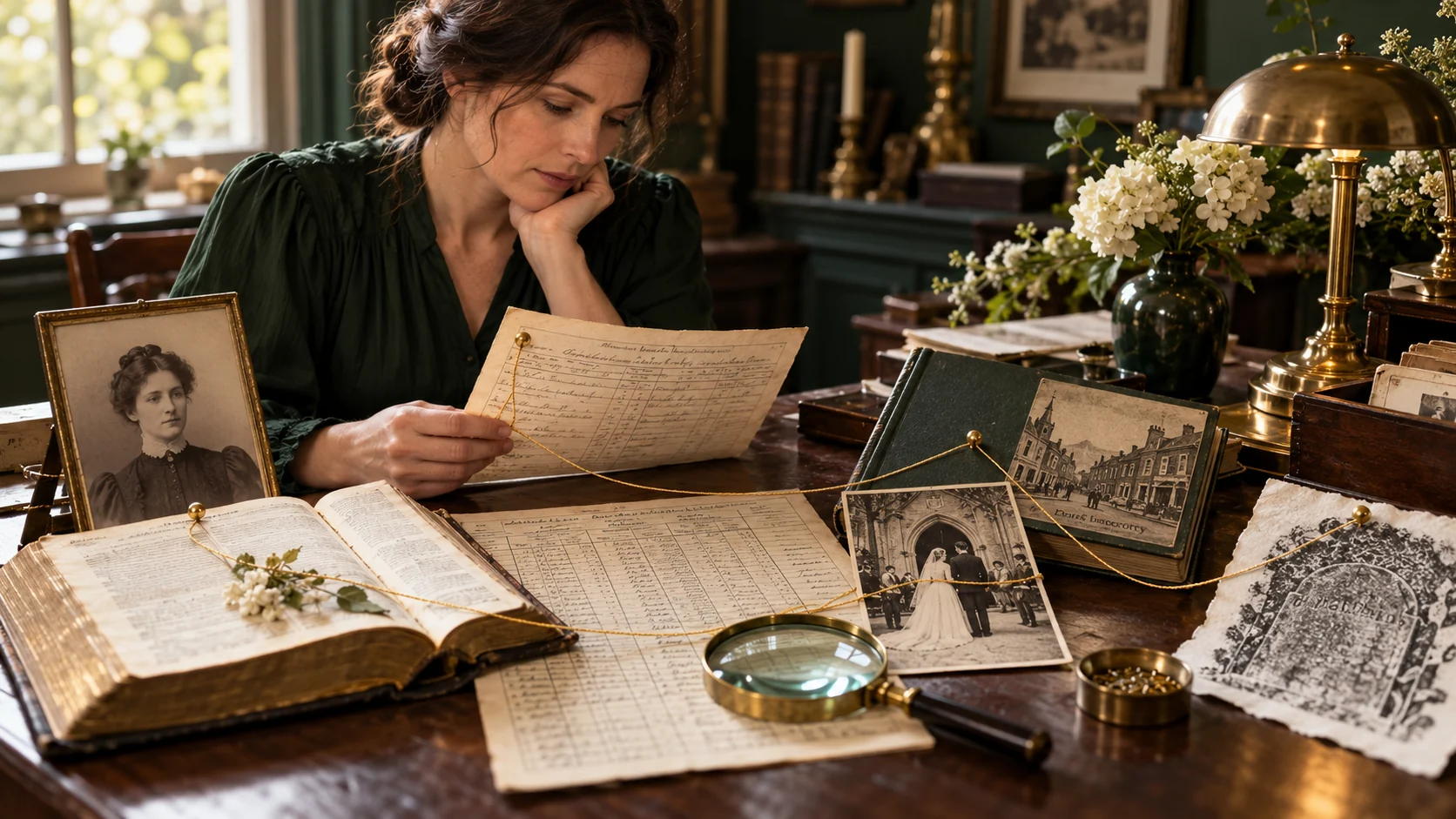 Researcher comparing historical records to identify a female ancestor's maiden name