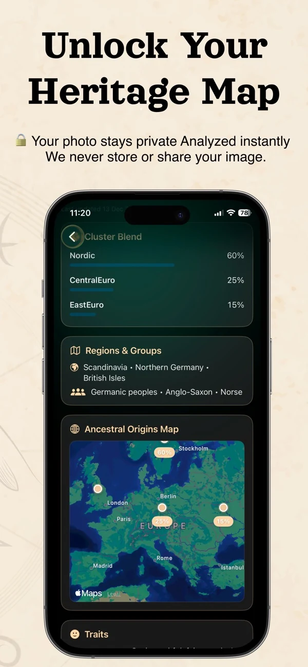 Official App Store screenshot showing Cluster Blend labels, Regions and Groups, and an Ancestral Origins Map in Ancestor Lens