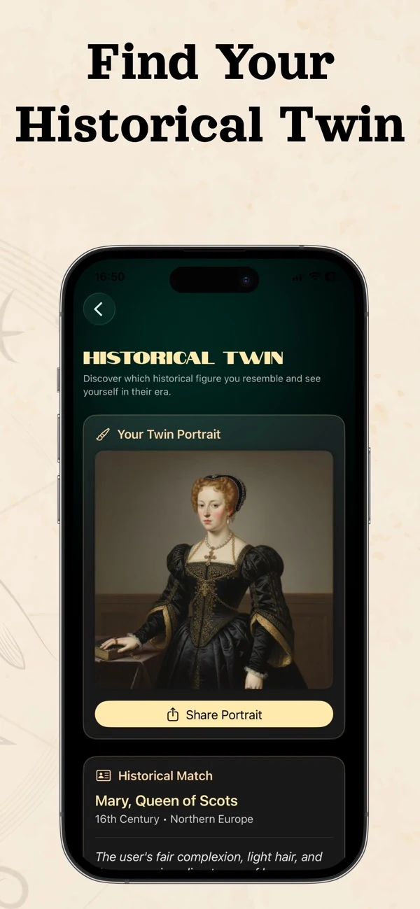 Official App Store screenshot of Historical Twin showing a generated portrait and a named historical resemblance