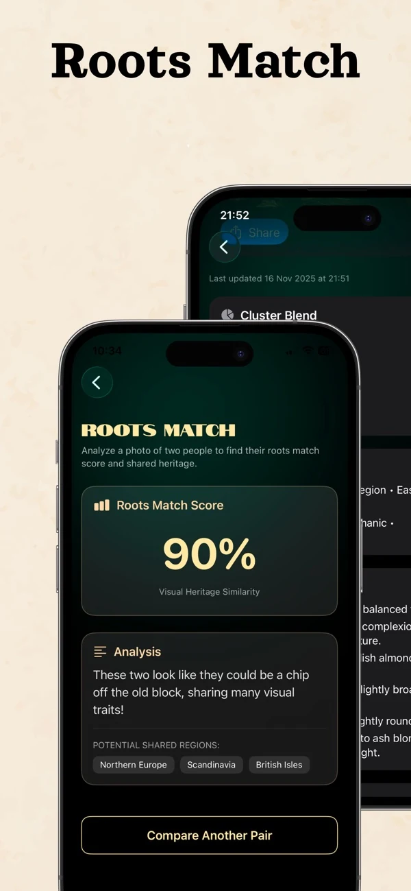 Official App Store screenshot of Roots Match showing a 90 percent Visual Heritage Similarity score and comparison controls